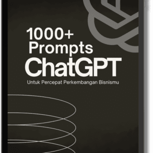 Mockup digital sebuah eBook berjudul "1000+ Prompts ChatGPT Untuk Bisnis, Percepat Perkembangan Bisnismu" yang ditampilkan pada layar tablet dengan latar belakang gelap dan minimalis.